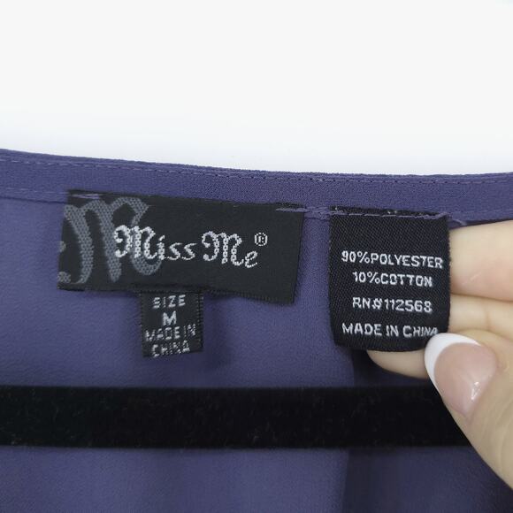 Miss Me Medium Boho Beaded Floral Periwinkle Romantic Top Chiffon Gathered Back - Picture 6 of 11